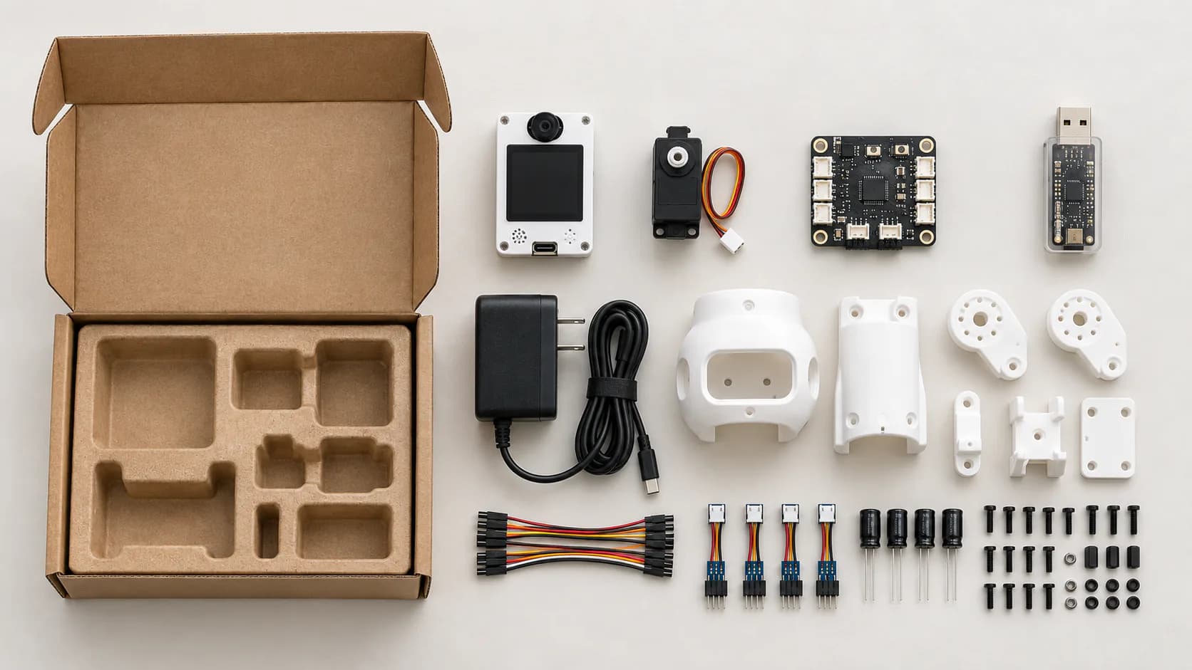 Everything in the kit laid out beside its box: the controller, a bus servo, the driver board, the USB programmer, the power supply and cable, the printed shell and brackets, servo horns, jumper and JST cables, capacitors, and the fasteners.
